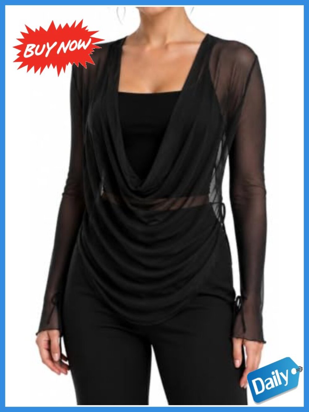Sheer Mesh Cowl Neck Long Sleeve Draped Crop Top Blouse
